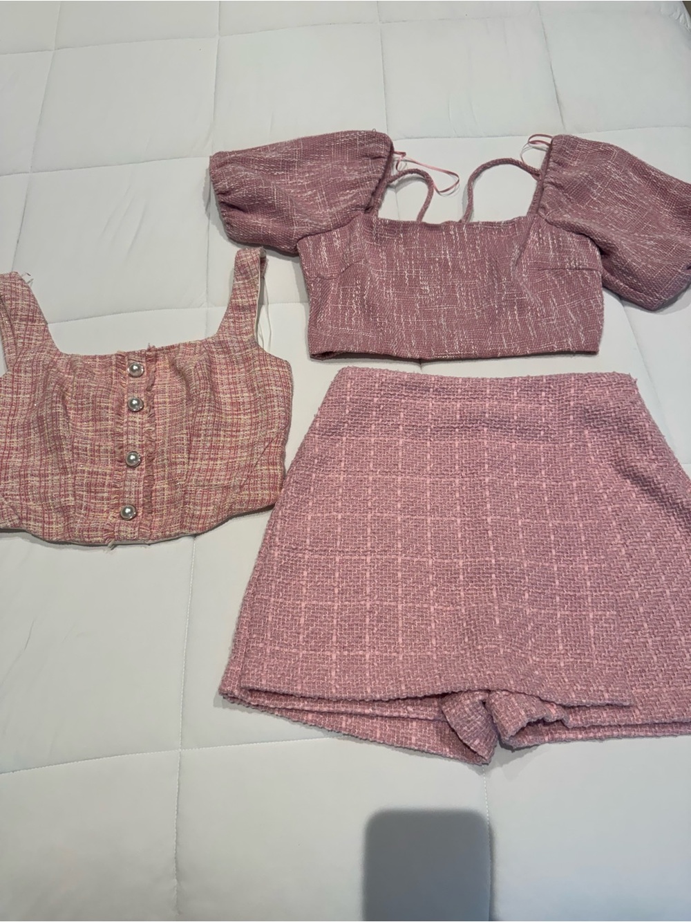 Lucy Paris Pink Tweed Puff-Sleeve Cropped Top